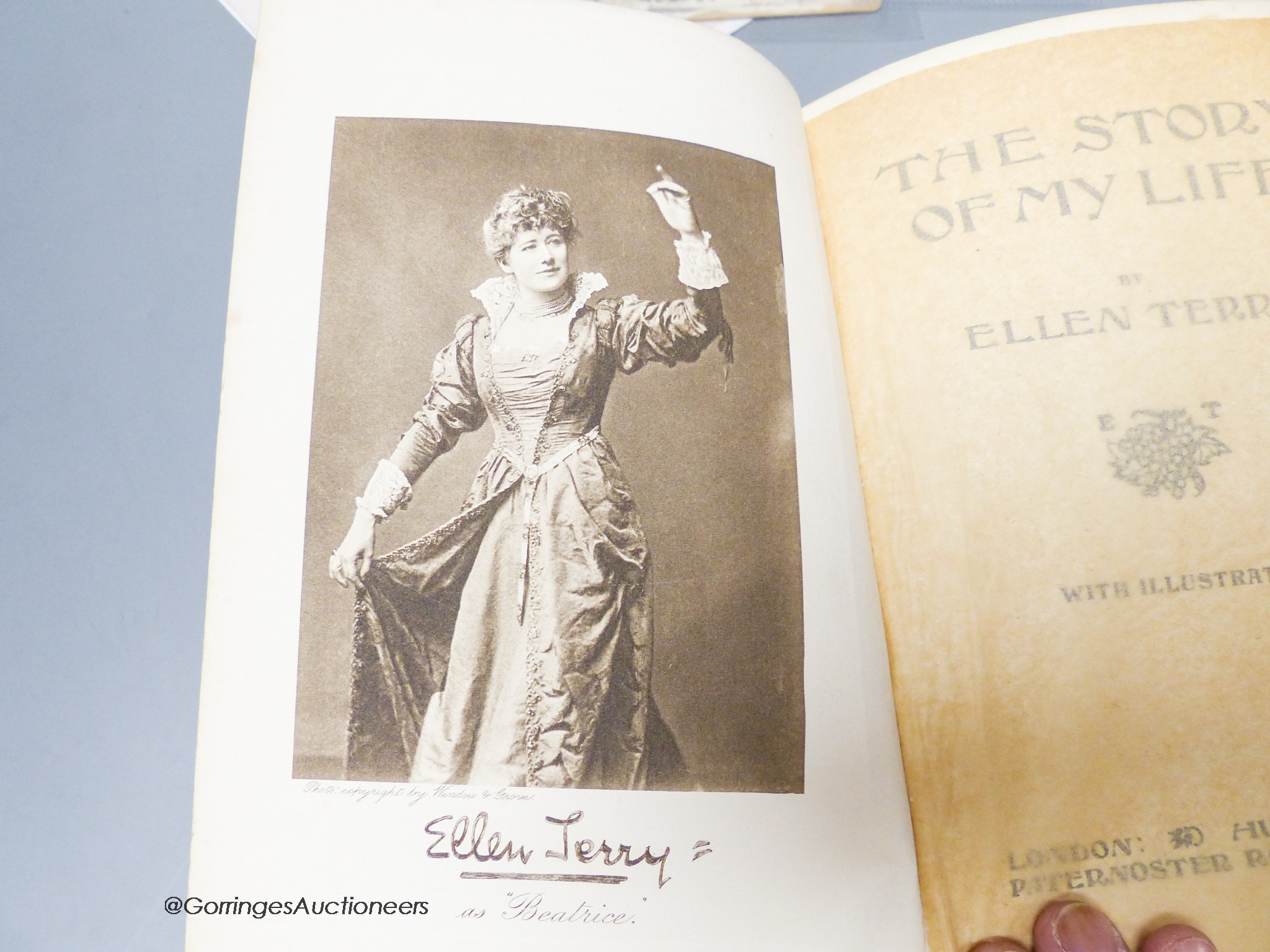 Ellen Terry, actress; signed photograph 'In remembrance of Tony, 1904', two postcards, 'The Story of my Life' published by Hutchinson & Co., and a 2 page inscribed letter to her tailor.